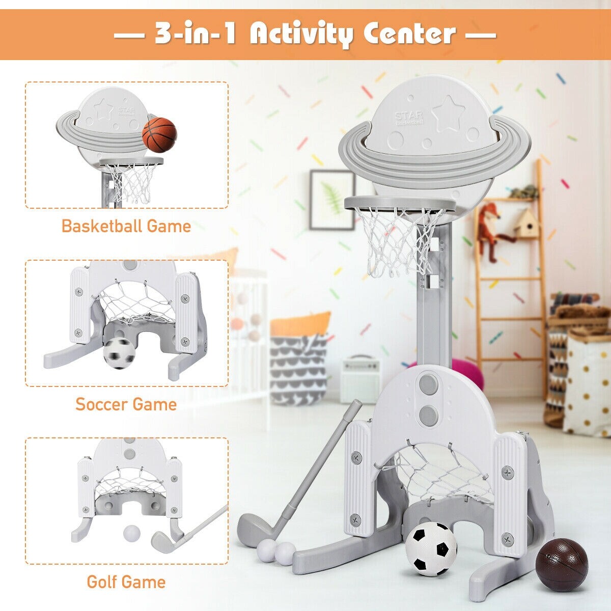 3 in 1 Kids Basketball Hoop Set with 5 Adjustable Height Levels Perfect Gift for Children