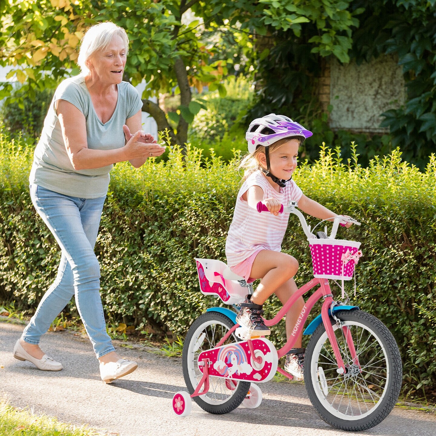 Pink Kids Bicycle with Training Wheels and Beautiful Basket for Girls
