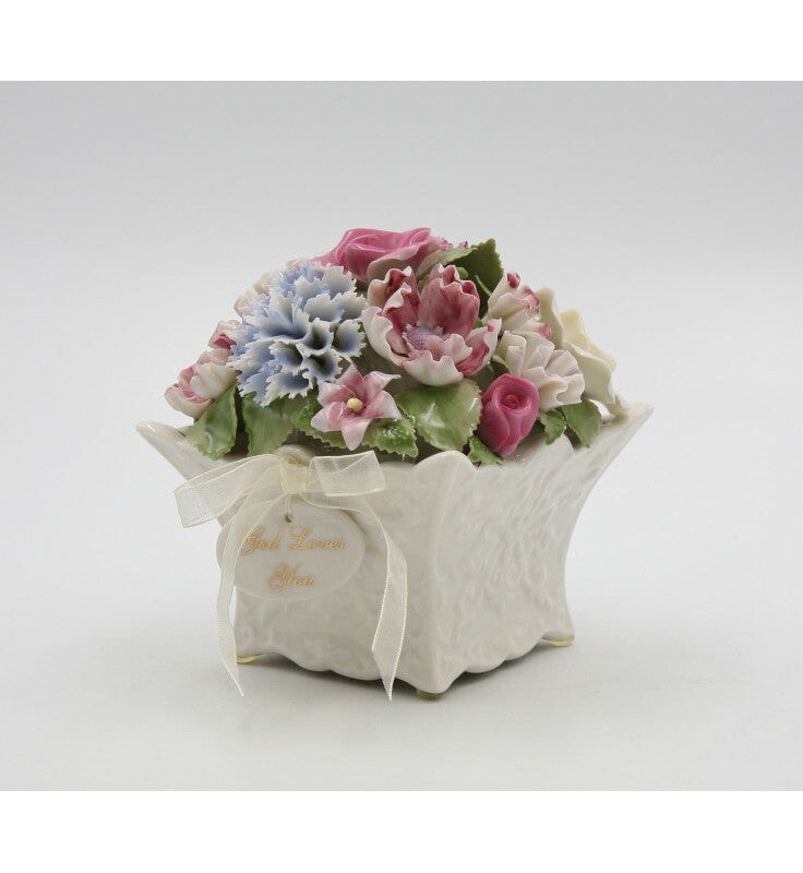 Pretty Petals: Elegant Handcrafted Ceramic Flowers Bouquet Music Box with Removable &#x22;God Loves You&#x22; Pendant - Edelweiss