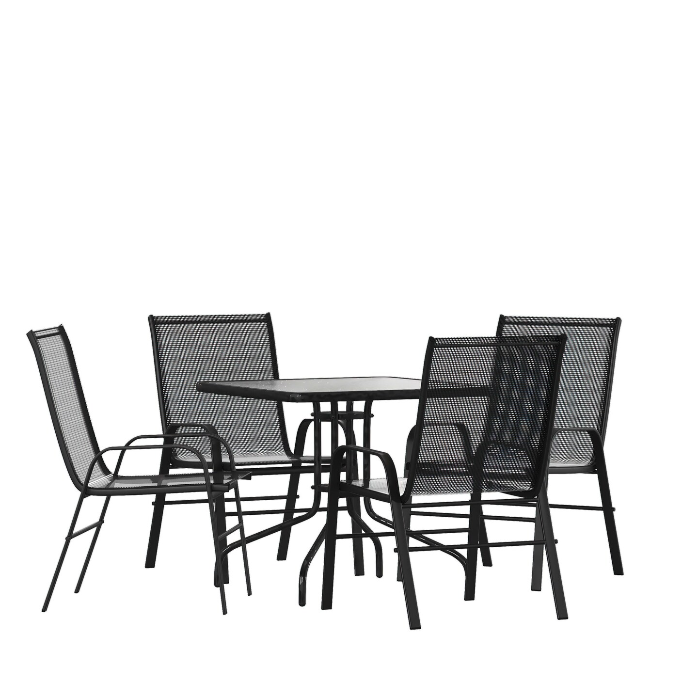 Emma and Oliver Five Piece Patio Dining Set - Square Table with Powder Coated Frame and Tempered Glass Top & 4 Flex Comfort Stack Chairs