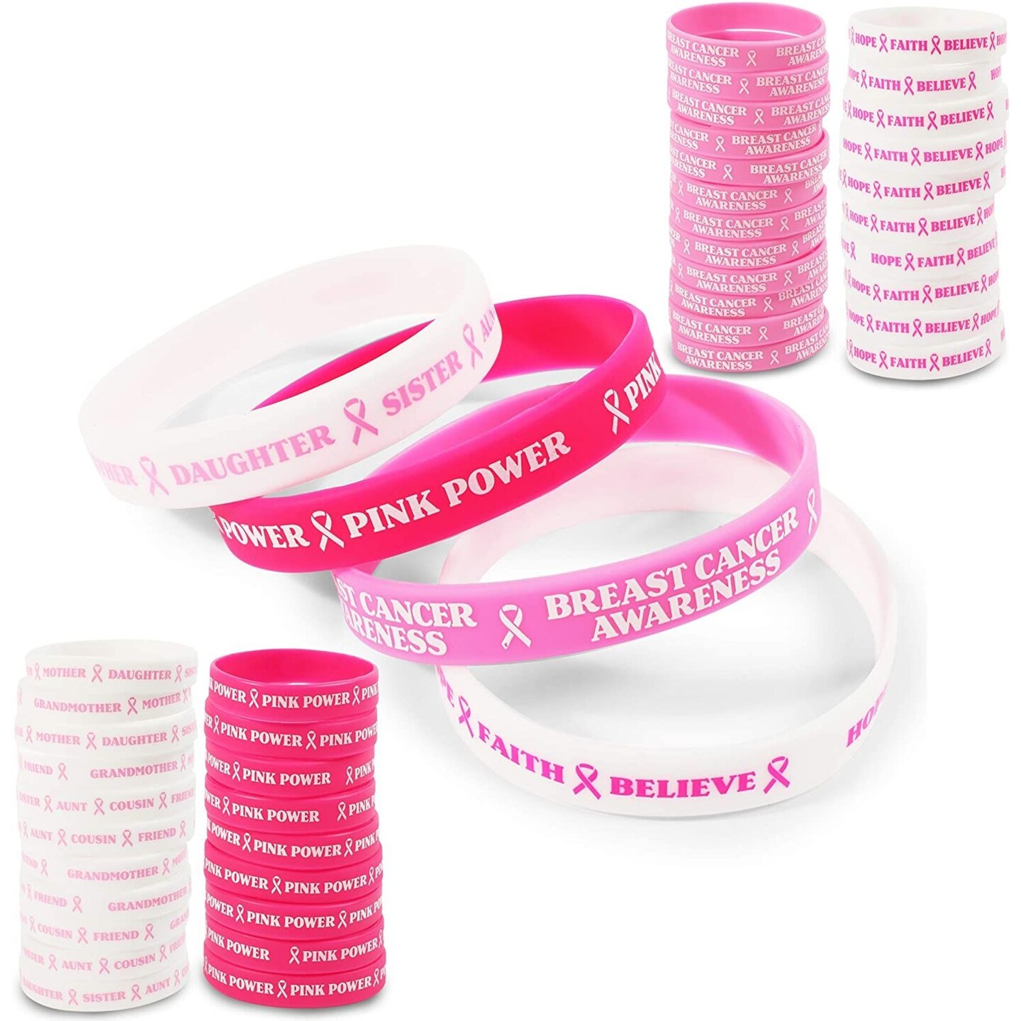 Breast Cancer Awareness Bracelets, Pink Wristbands (48 Pieces)