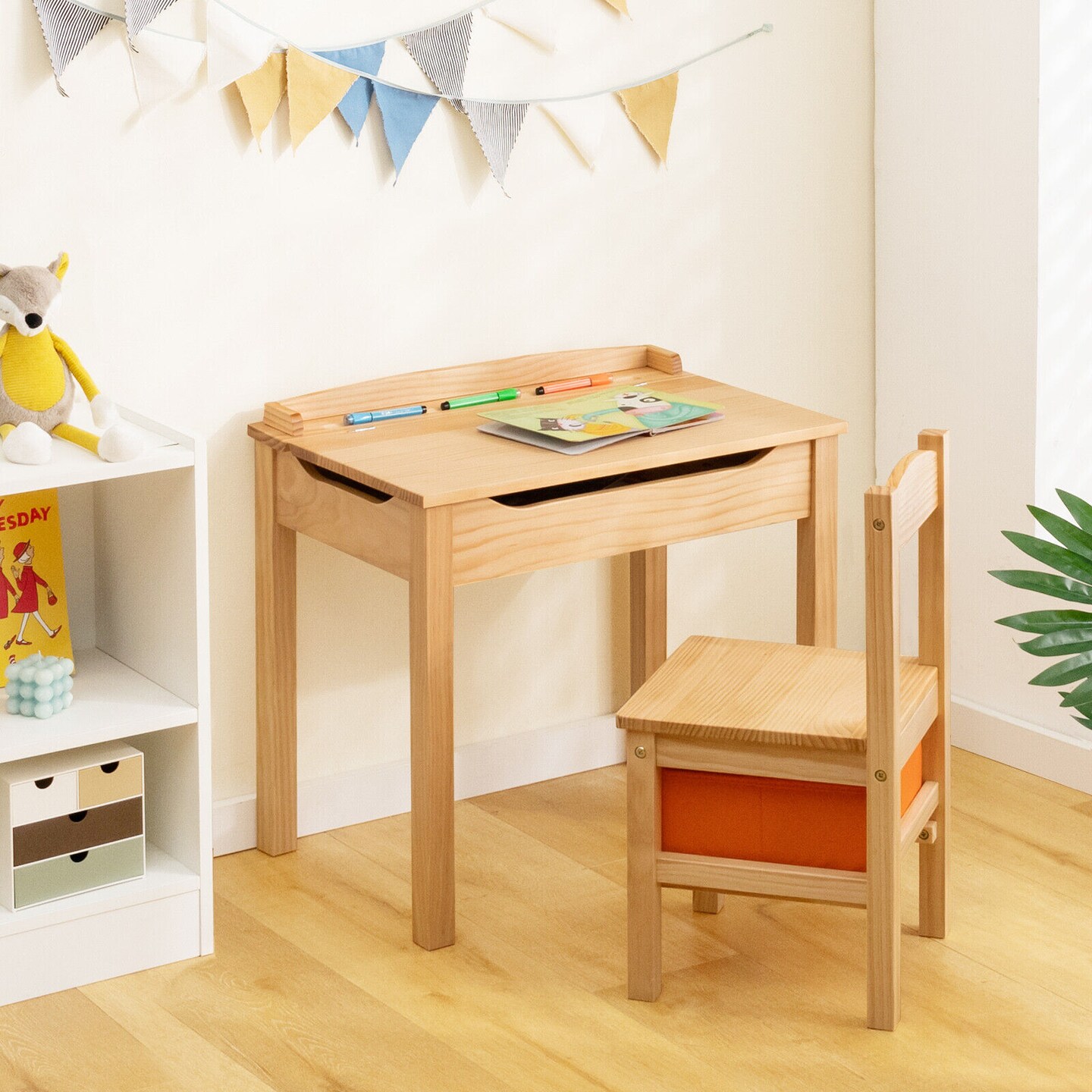 Wood Activity Kids Table and Chair Set with Flip Top Design and Pull-out Drawer