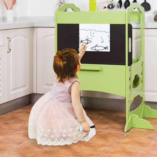 Kids Height Adjustable Kitchen Step Stool Toddlers Kitchen Helper w/ Chalkboard-Green