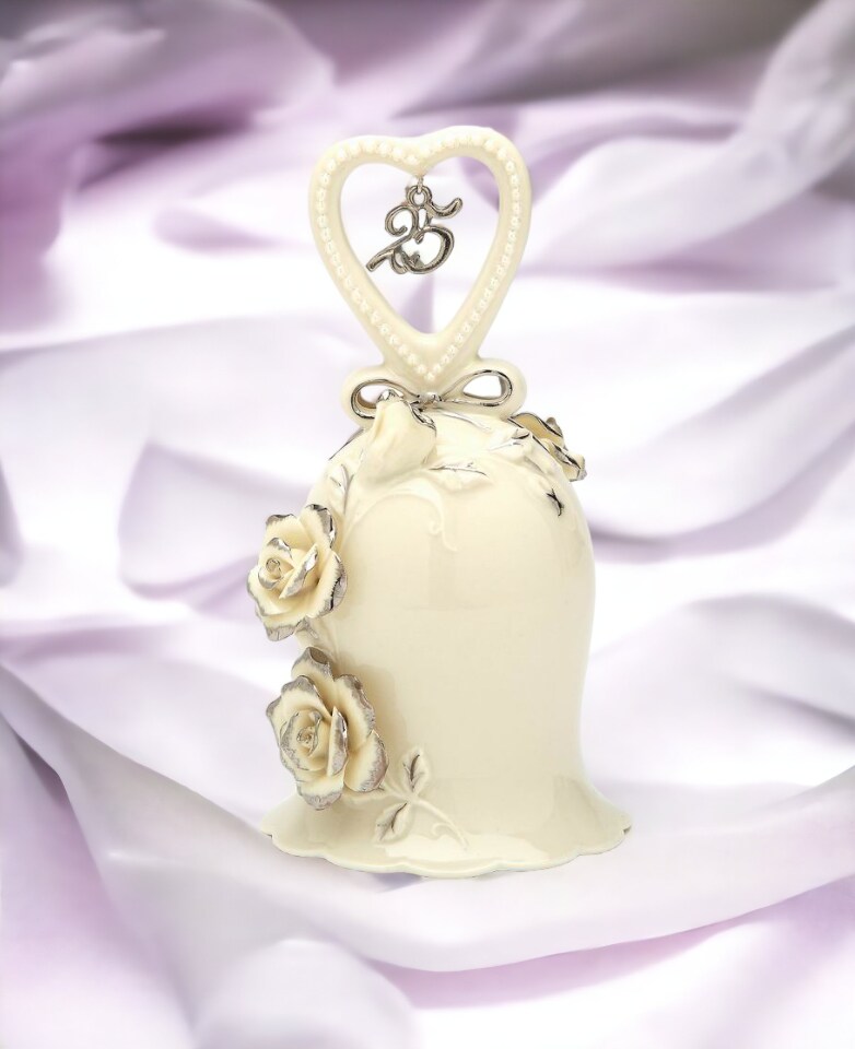 Hand Crafted Ceramic Ivory Rose Bell with Silver Accents-25th Anniversary, Anniversary D&#xE9;cor, Anniversary Gift