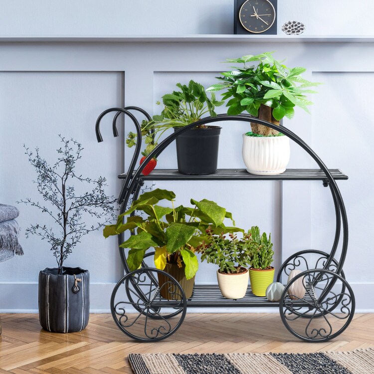 Black Heavy Duty Metal Flower Cart Plant Stand for Indoor-Outdoor Use