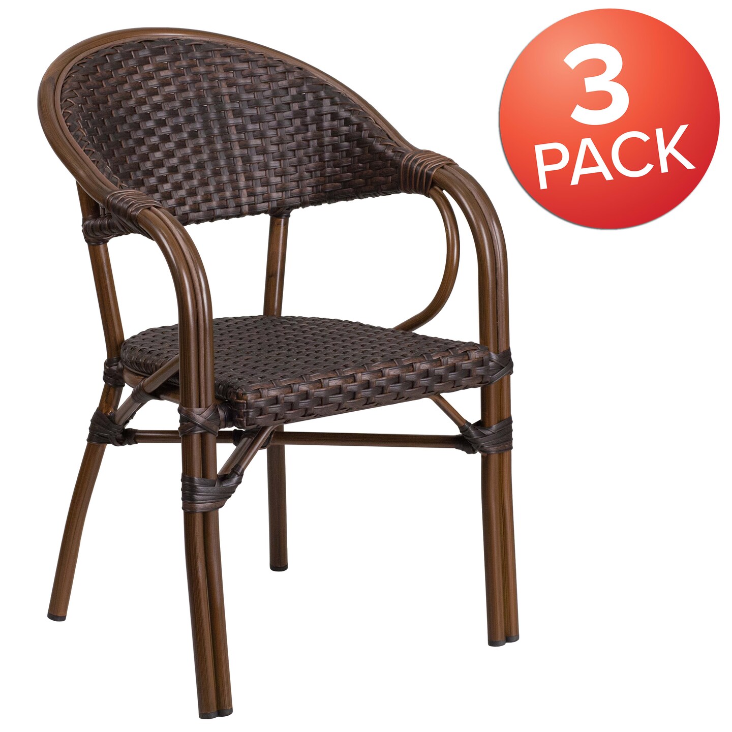 Emma and Oliver 3 Pack Rattan Restaurant Patio Chair with Bamboo-Aluminum Frame