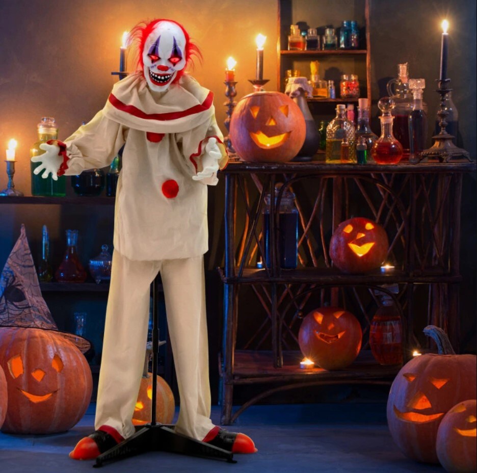 Halloween Prop Decoration - 5FT Grins Animatronic Killer Clown with Glowing Red Eyes