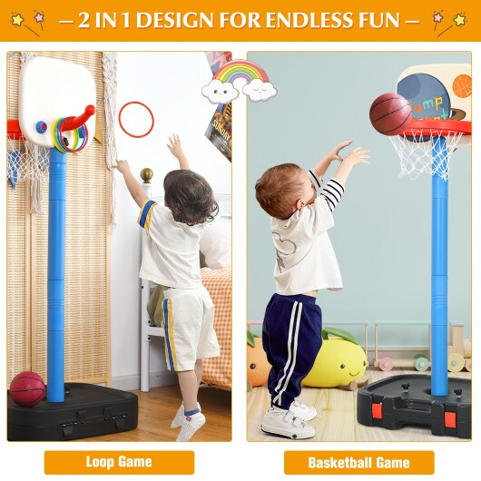 2 in 1 Kids Basketball Hoop Stand with Ring Toss and Storage Box Perfect for Indoor-Outdoor Play