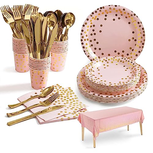 Dn Dennov 168PCS Pink and Gold-Pastel Party Supplies, Severs 24 Disposable Party Dinnerware Include Paper Party Plates, Cups, Napkins, Straw, Wooden Fork Spoon for Wedding,Christmas (Pink and Gold)