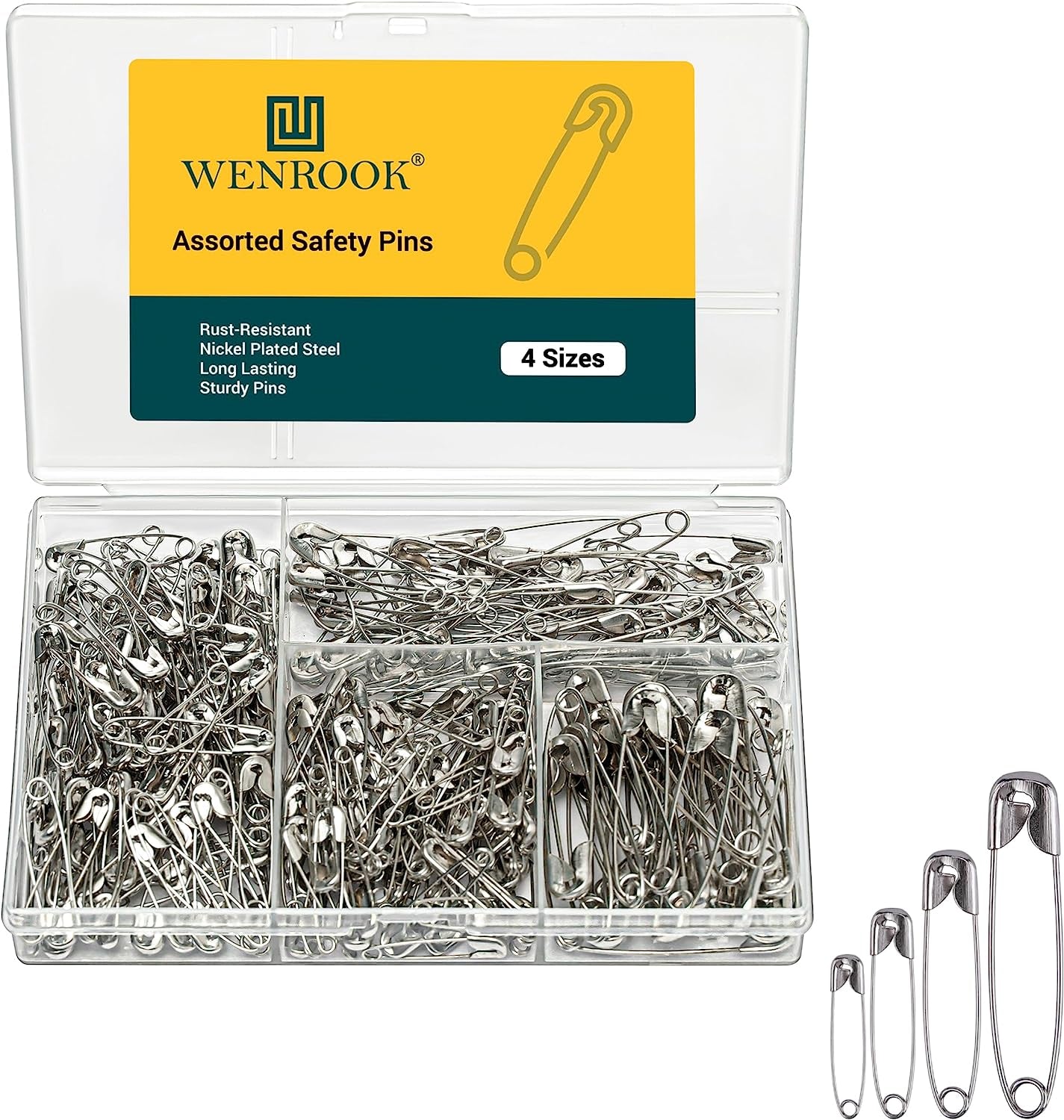 300 Pack Safety Pins Assorted, 4 Different Sizes, Strong Nickel Plated  Steel, Heavy Duty Safety Pins for Clothes, Crafts, Pinning and More