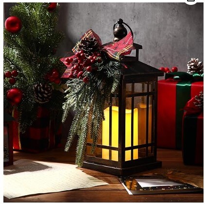 LED Christmas Lantern with Plaid Bow 14&#x22; Christmas Candle Lantern Flashing Candle Light Christmas Decorative Lanterns for Xmas Indoor Outdoor Party Decor (Bronze, Black Red Plaid, 2)