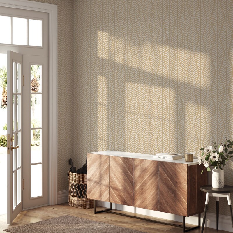 Tempaper Block Print Leaves Peel and Stick Wallpaper Sand