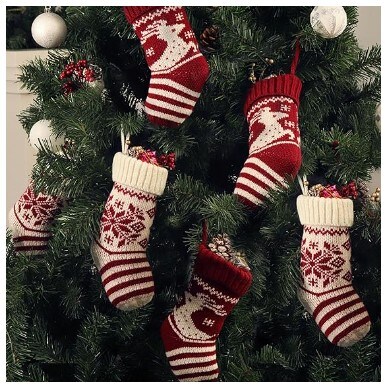 Christmas Mini Stockings, 6 Pack 9 Inches Knit Knitted Snowflake Reindeer Rustic Holiday Decorations, Cream Burgundy Goodie Bags for Family Friends