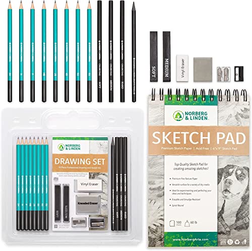  Norberg & Linden Drawing Set - Sketching and Charcoal Pencils  - 100 Page Drawing Pad, Kneaded Eraser. Art Kit and Supplies for Kids,  Teens and Adults : Arts, Crafts & Sewing