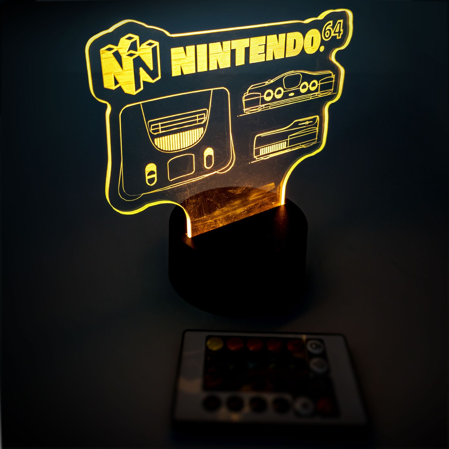 Nintendo N64 Logo LED Edge Lit Night Light Sign W16 Color Base and Remote