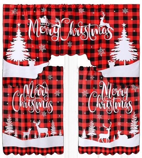 3 Pcs Christmas Kitchen Window Tier Curtains