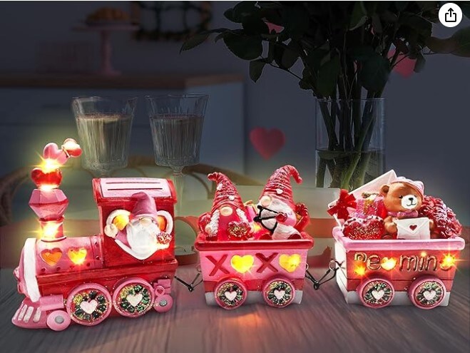 Valentines Day Decorations for Home Indoor, LED Valentines Gnome Train Decor for Tabletop Figurines, Valentines Day Centerpieces Decorations Outdoor Party Home Light Up Decorations Table Top Pink
