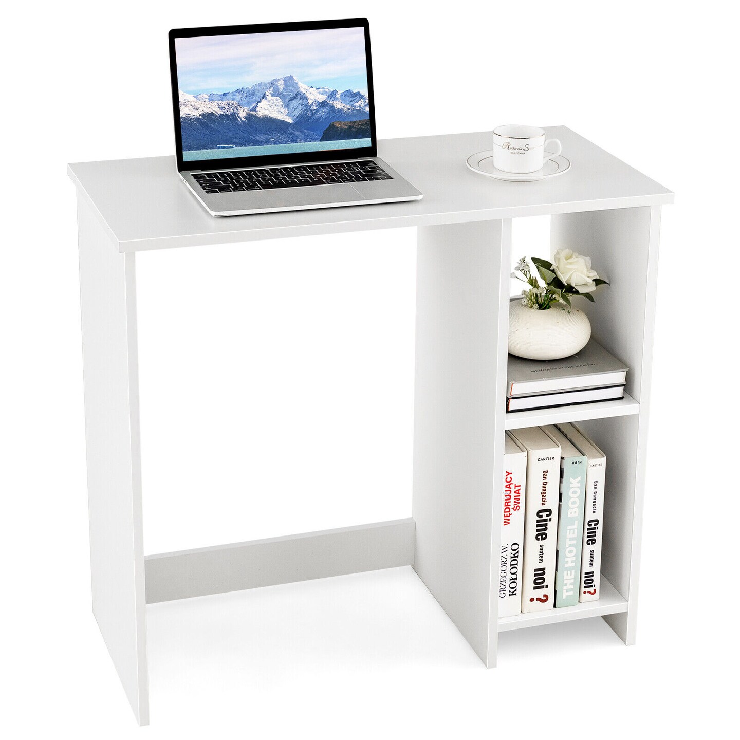 Minimalist 31.5" Writing Desk with Storage White Compact Workstation for Small Rooms