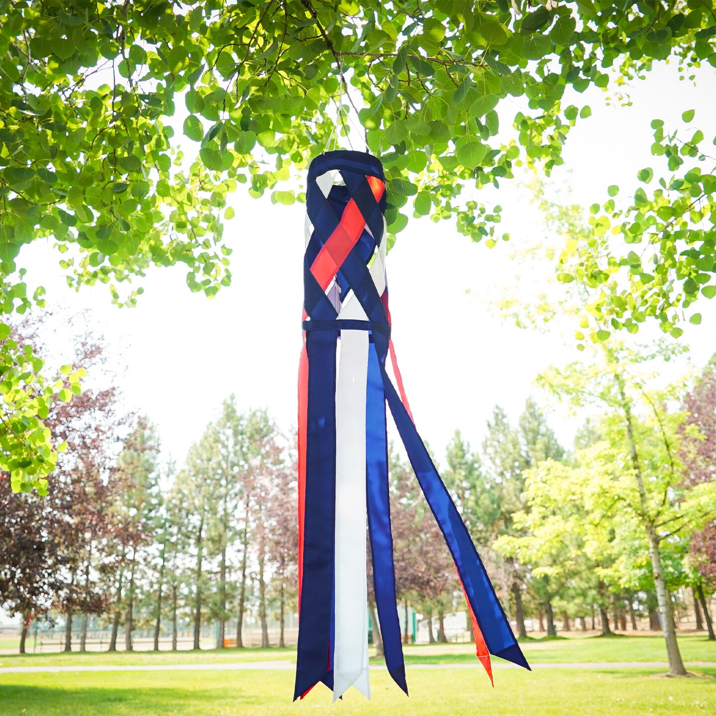 In the Breeze 5217 &#x2014; Red, White &#x26; Blue Diagonal Weave 40&#x22; Windsock &#x2014; Patriotic Lattice Windsock with Color-Coordinated Tails, Fourth of July Decoration