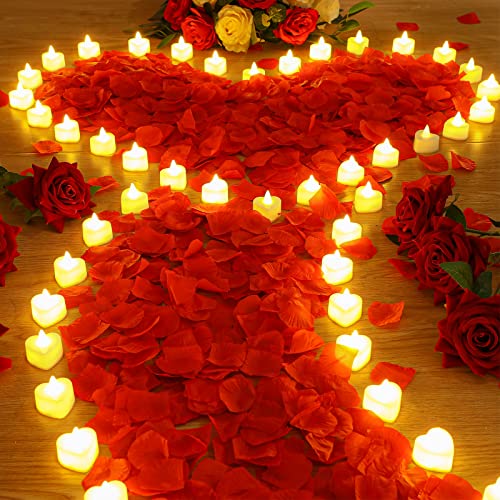6000 Pieces Artificial Rose Petal with 72 Pieces Romantic Heart Led Candle Flameless Love Led Tealight Candle for Valentine&#x27;s Day Romantic Night Anniversary Table Decor (Warm White Light)