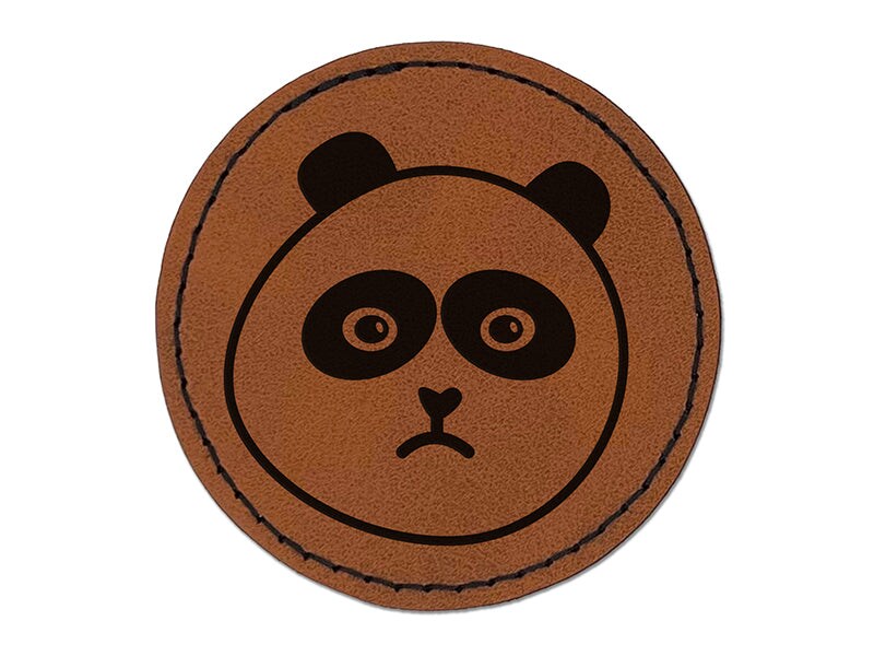 Sad Panda Face Round Iron-On Engraved Faux Leather Patch Applique - 2.5&#x22;
