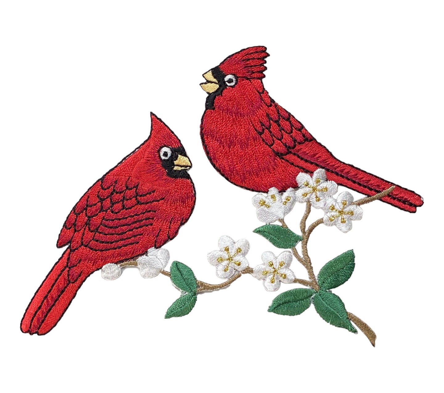 Two Cardinals on Tree Branch with Blossoms, Cardinal Red Bird, Embroidered Iron on Patch