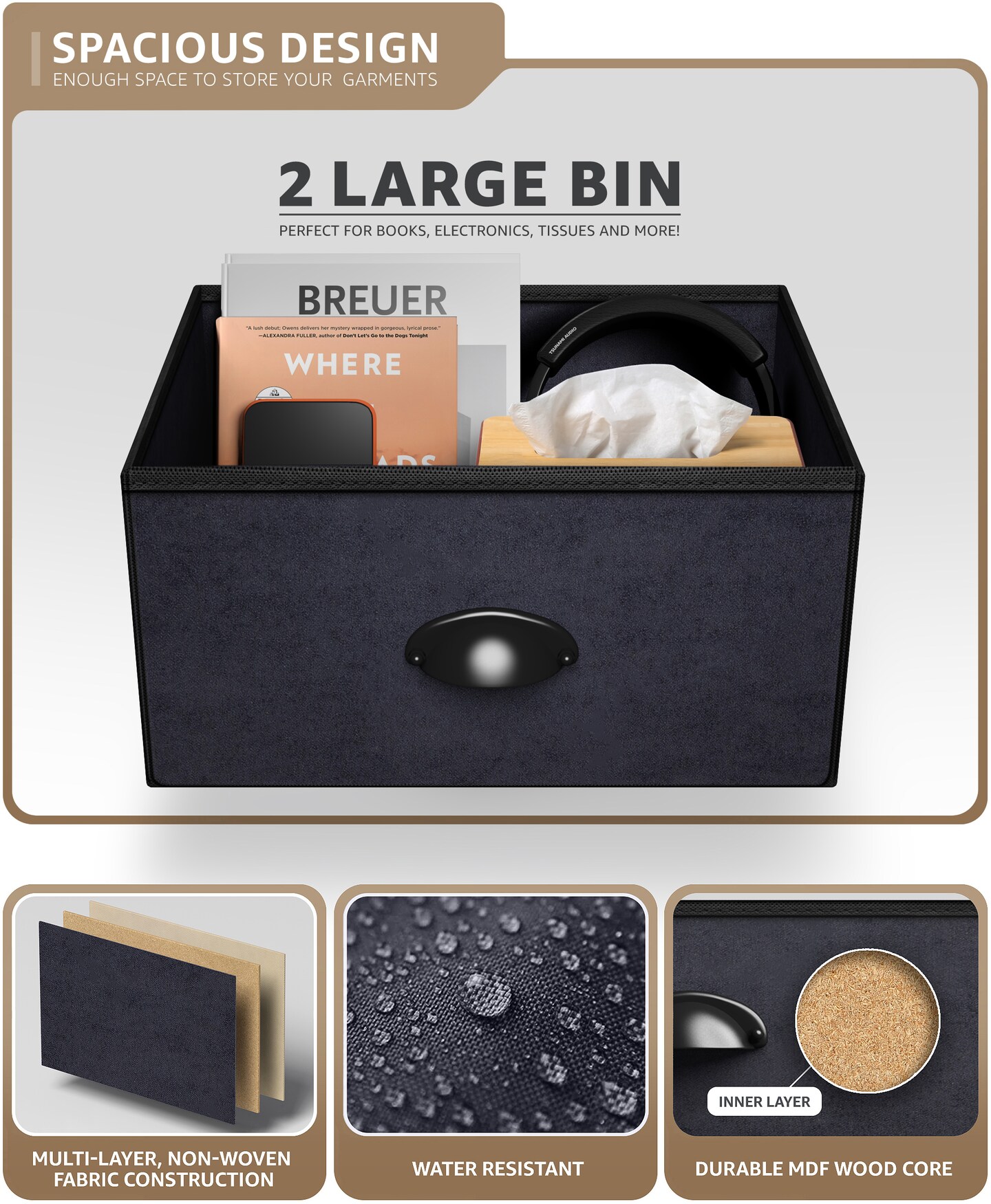 Sorbus Nightstand 2-Drawer Shelf Storage - Bedside Furniture &#x26; End Table Chest Dresser with Steel Frame, Wood Top &#x26; Easy Pull Fabric Bins for Home, Bedroom, Closets, Bathroom, Office &#x26; College Dorm