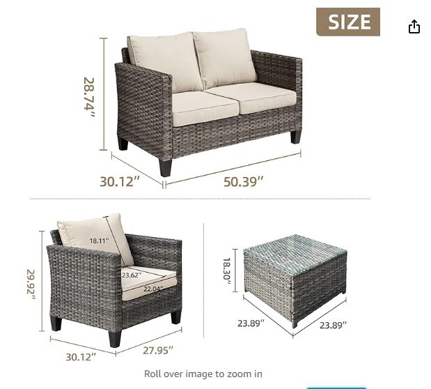 Patio Furniture Set: 4 Piece Wicker Rattan Conversation Set for Yard Porch with Loveseat Chairs, Coffee Table, and High Back Couch for All Weather. Color: Beige