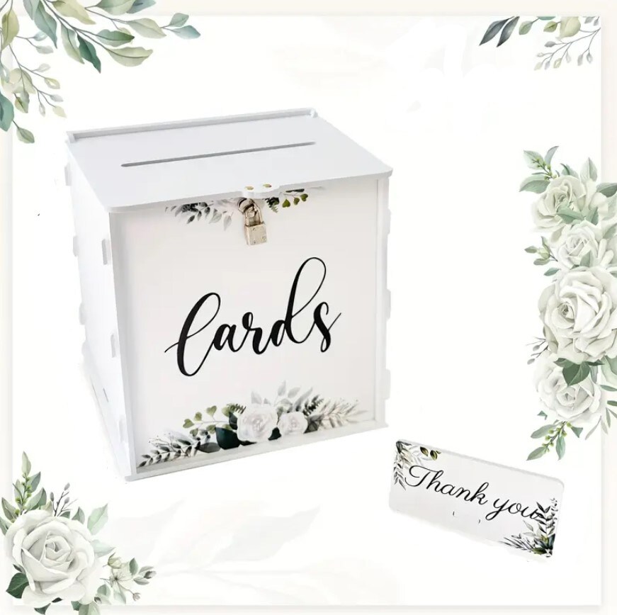 White Wedding Card Box with Lock Eucalyptus DIY Envelope Money Box for Birthday Party Baby Shower Wedding Decor for Reception