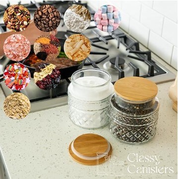 38 Ounce Round Glass Jar with Bamboo Lid - Vintage Diamond Pattern Kitchen Decorative Glass Jars - Coffee Pasta Sugar Tea Snack Nuts Cookie Jar with Airtight Lids - Set of 3