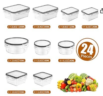 48 Pack Food Storage Containers with Airtight Lids (24 Containers &#x26; 24 Lids), Pantry Organisers and Storage Containers, BPA-Free Meal Prep Container with Labels &#x26; Marker