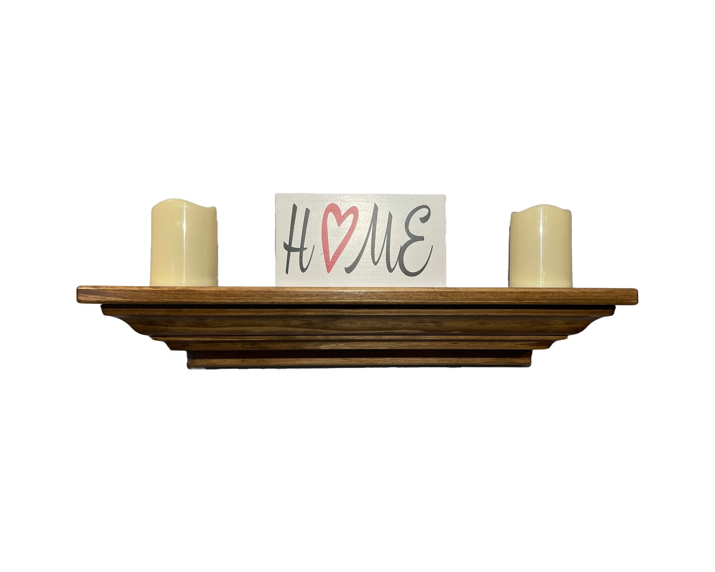 product name is Floating Wide  Shelf Wood Crown Molding, Handmade of Solid Pine Stained Wall Hanging Shelf Decorative Shelf, Mantle Shelf