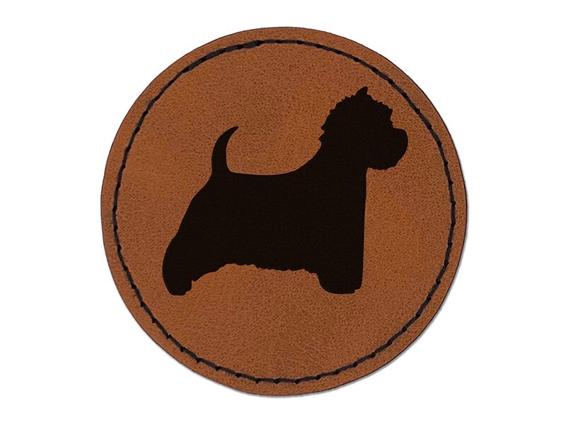 Westie West Highland White Terrier Dog Solid Round Iron-On Engraved Faux Leather Patch Applique - 2.5&#x22;