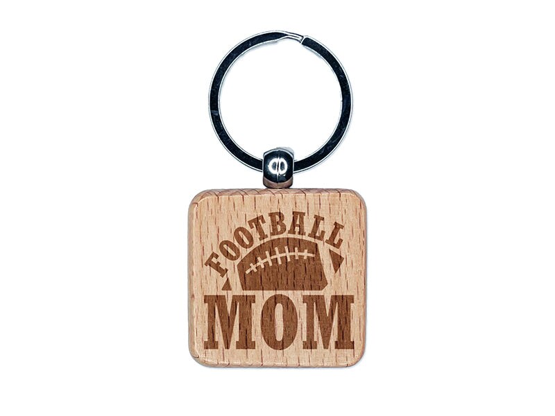 Football Mom Engraved Wood Square Keychain Tag Charm