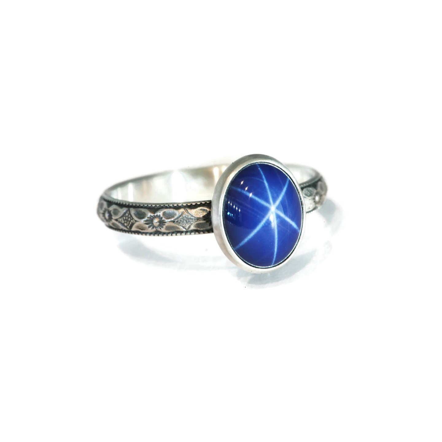 Large Oval Created Blue Star Sapphire Ring Symmetrical Flower Vintage Silver Ns By Salish Sea Inspirations