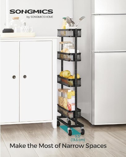 Slim Storage Cart, 4-Tier Metal Rolling Cart with Wheels, Flexible Baskets, Narrow Cart for Kitchen, Bathroom, Laundry Room, Simple Assembly, Black