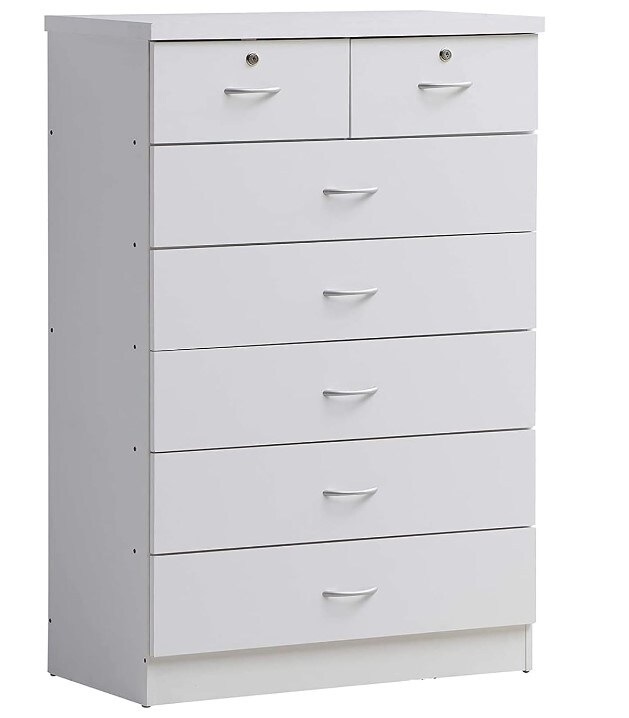 7 Drawer Wood Dresser for Bedroom, 31.5 inch Wide Chest of Drawers, with 2 Locks on the Top Drawers, Clothing Storage Organisation Unit, White