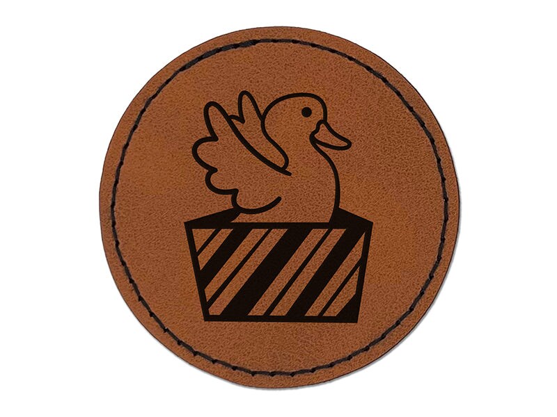 Duck in Gift Box Christmas Round Iron-On Engraved Faux Leather Patch Applique - 2.5&#x22;