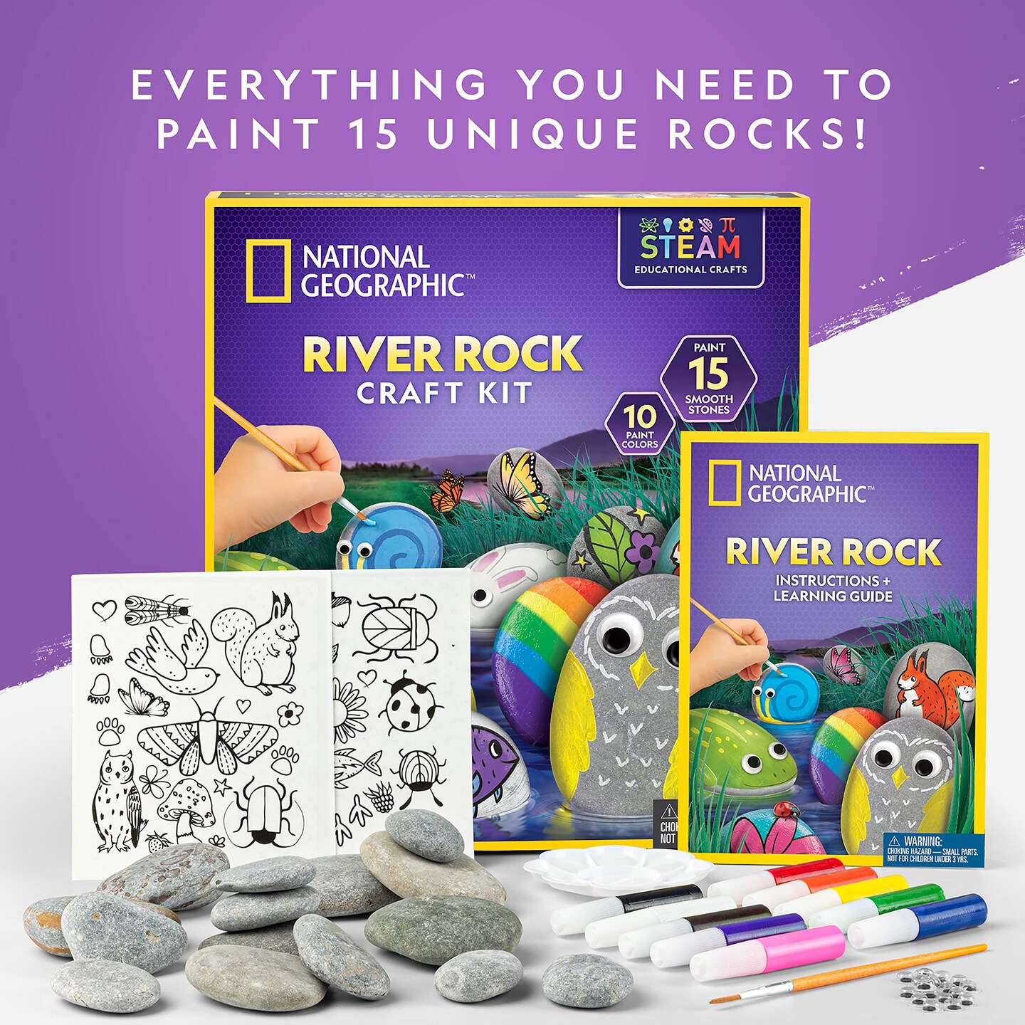 Arts and Crafts Kit for Kids, Paint &#x26; Decorate 15 River Rocks with 10 Paint Colors &#x26; More Art Supplies, Outdoor Toys for Girls and Boys (Amazon Exclusive)