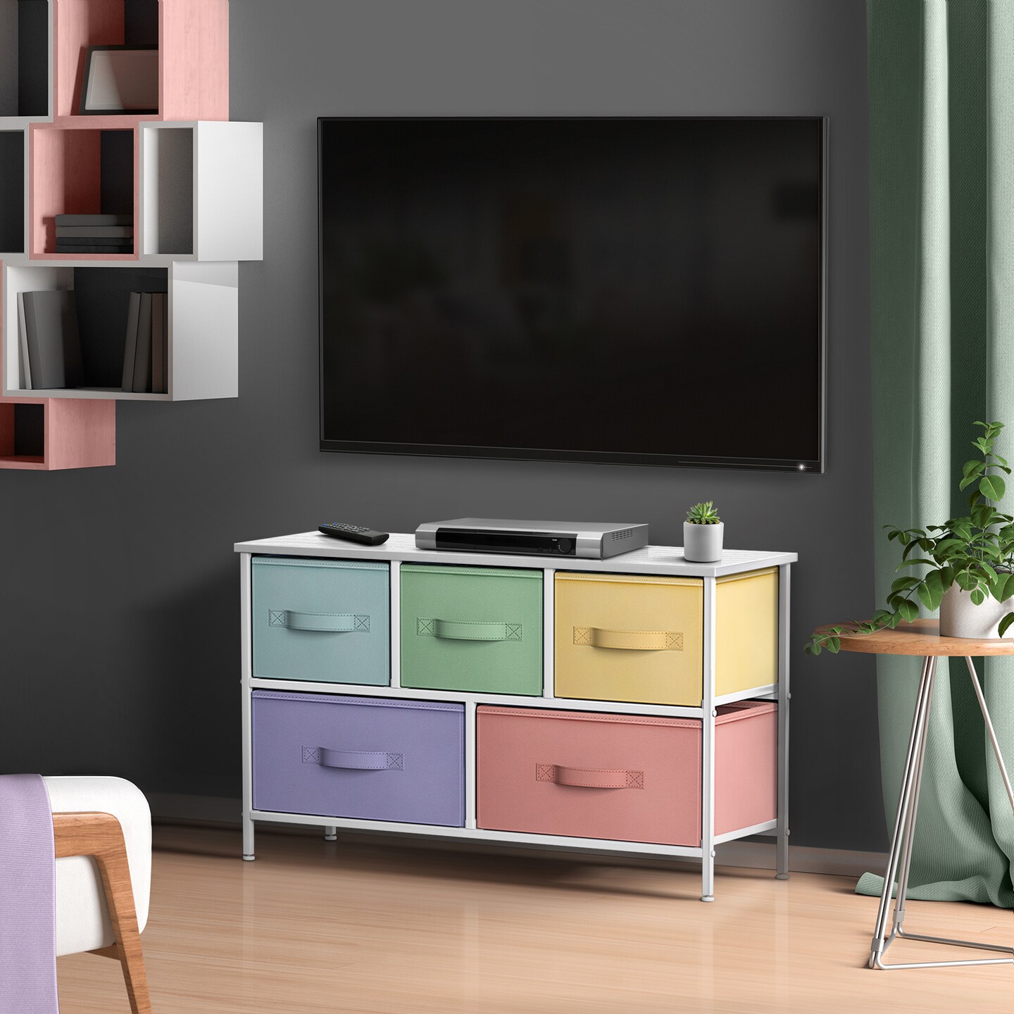 Sorbus Dresser with 5 Drawers - Storage Chest Organizer Unit with Steel Frame, Wood Top, Easy Pull Fabric Bins - Long Wide TV Stand for Bedroom Furniture, Hallway, Closet & Office Organization
