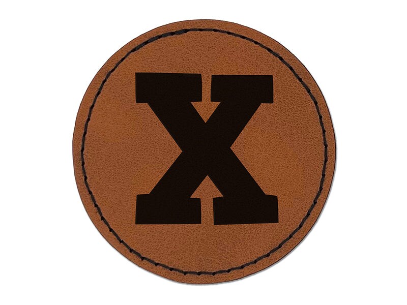 Letter X Uppercase Fun Bold Font Round Iron-On Engraved Faux Leather Patch Applique - 2.5&#x22;