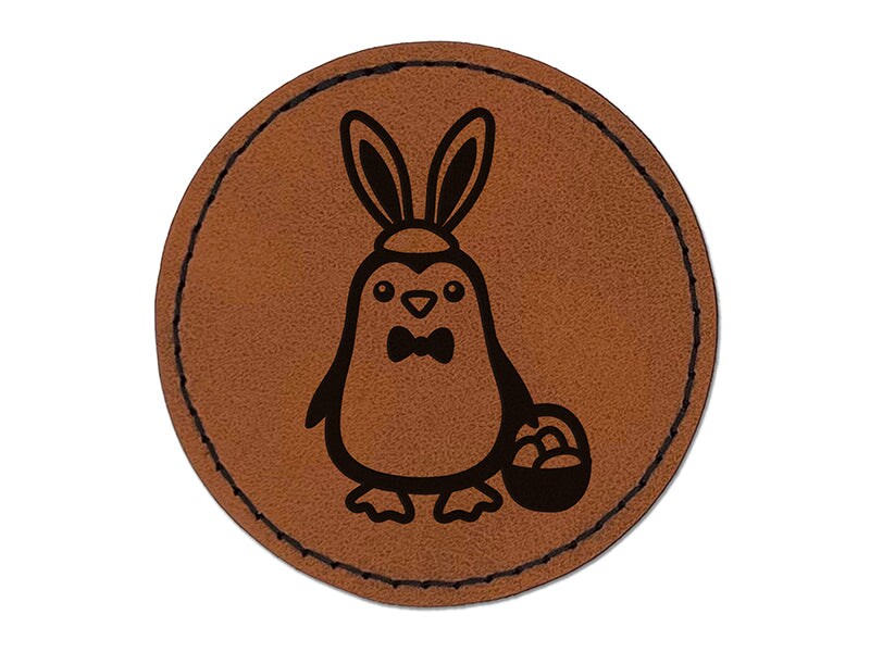 Easter Penguin with Bunny Ears and Basket Round Iron-On Engraved Faux Leather Patch Applique - 2.5&#x22;