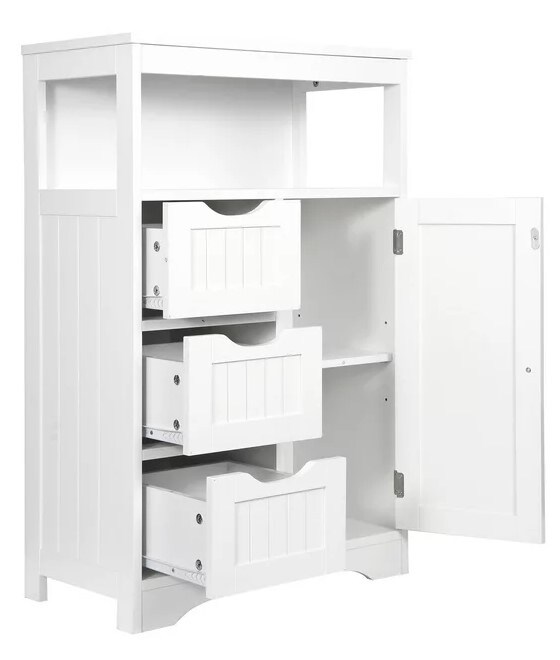 Bathroom Floor Cabinet, 3 Drawer Free Standing Storage Cabinet with Adjustable Shelf, Modern Cupboard for Home Living Room Office, White