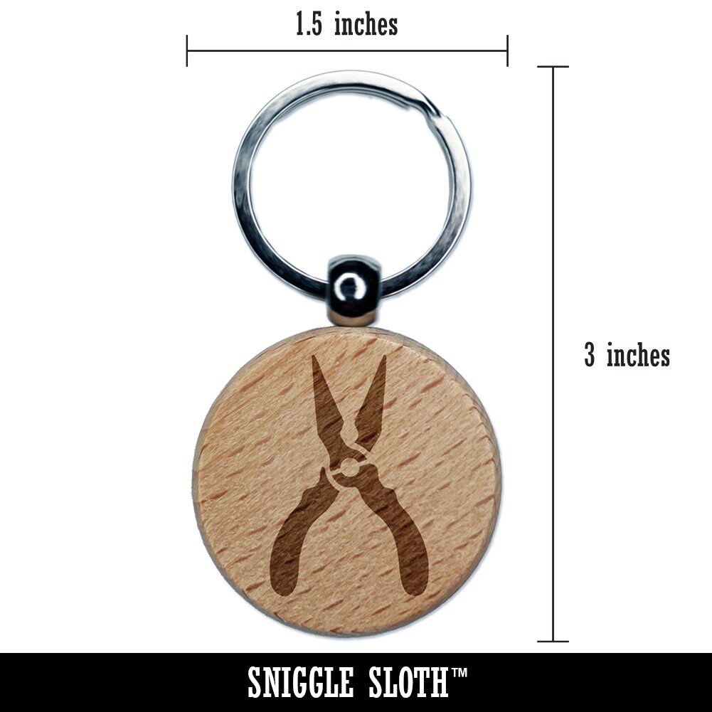 Long Nose Pliers Hand Tool Engraved Wood Round Keychain Tag Charm