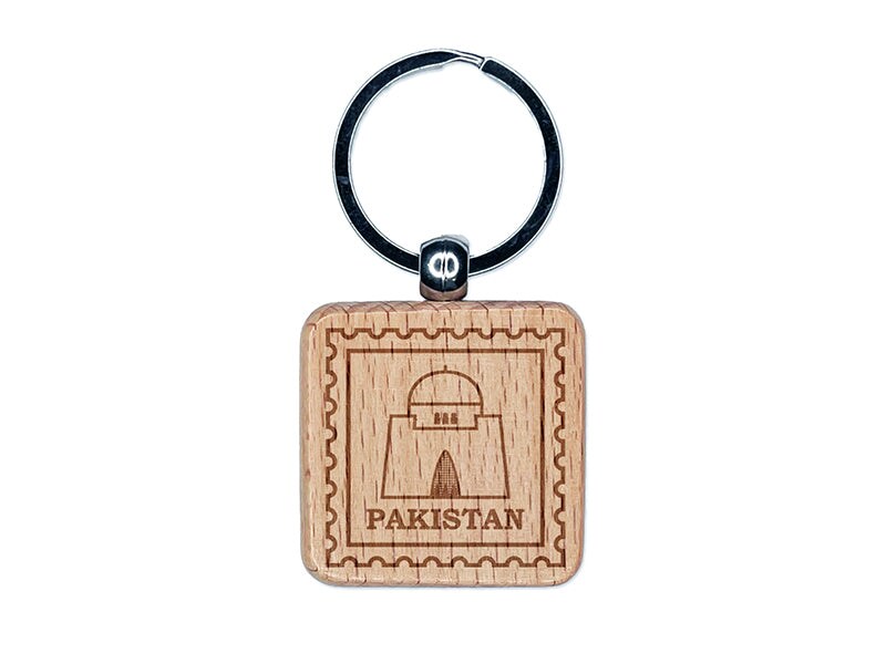 Pakistan Travel Mazar-e-Quaid Jinnah Mausoleum Engraved Wood Square Keychain Tag Charm