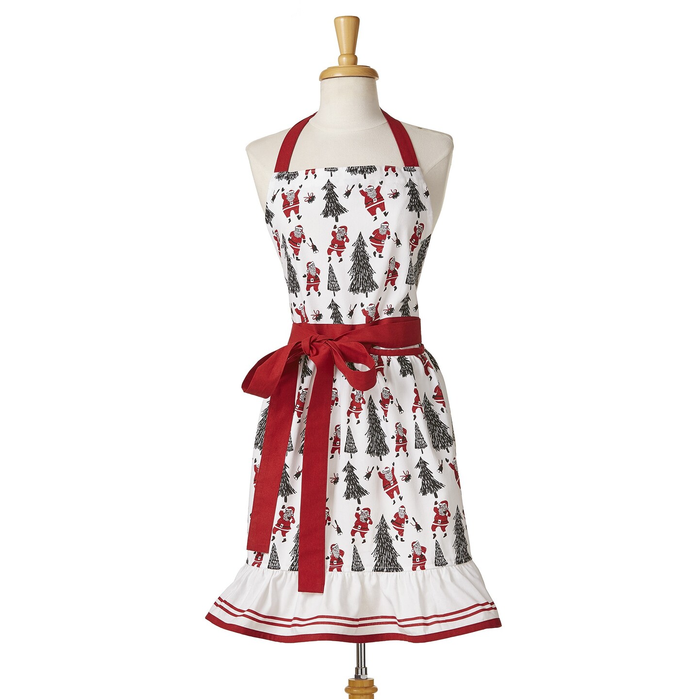 &#x22;Dancing Santa&#x22; Frill Cotton Cooking Apron with Red Ribbon, One Size Fits Most