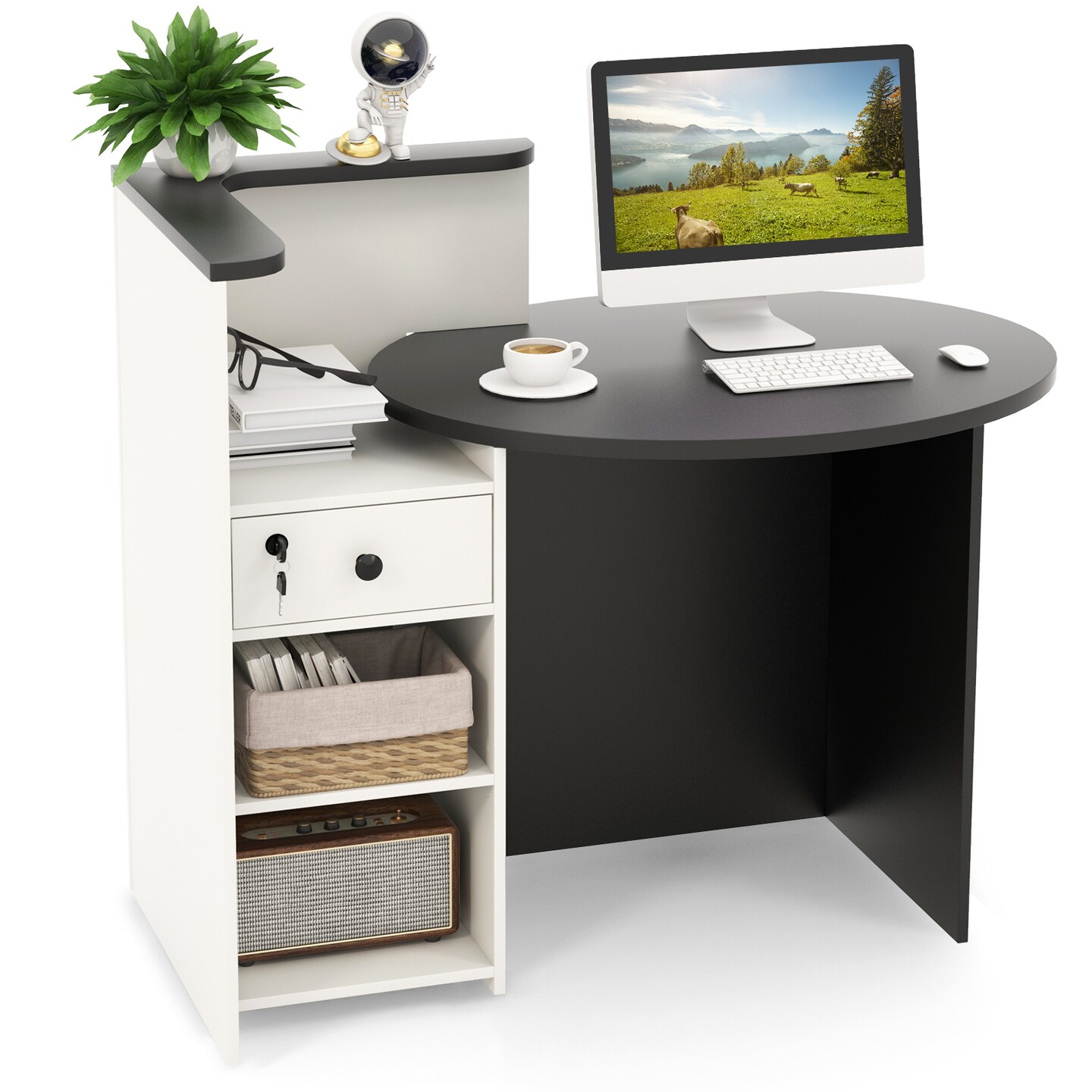 Front Reception Office Desk with Open Shelf and Lockable Drawer-Black &#x26; White