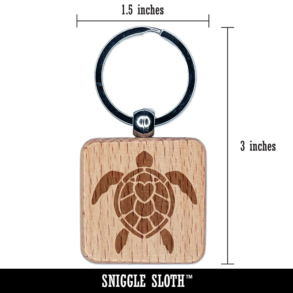 Sea Turtle Heart in Shell Engraved Wood Square Keychain Tag Charm