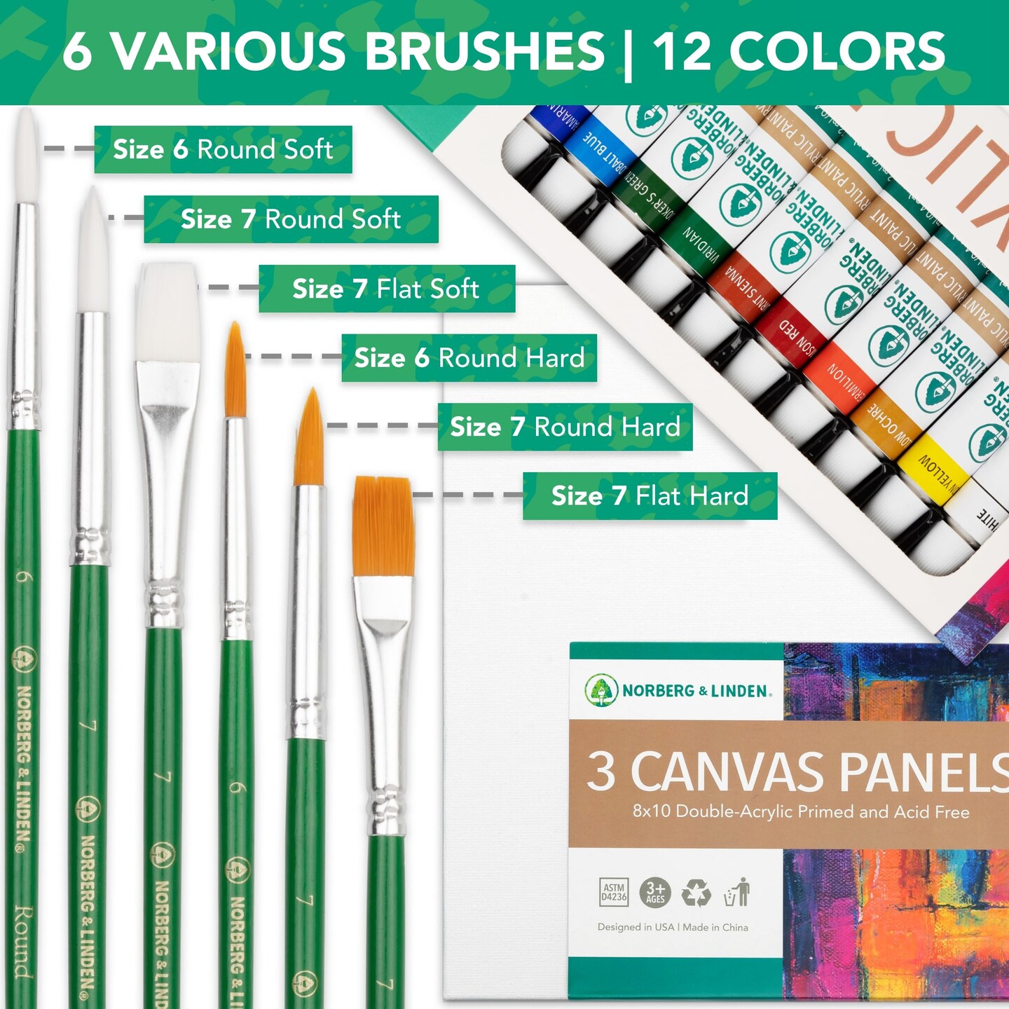 Canvas and Acrylic Paint Sets for Adults, Teens, Kids - Includes 12 Vivid Colors, 3 Painting Canvas Panels & 6 Assorted Brushes