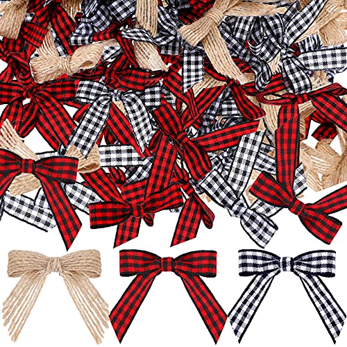 Christmas Mini Burlap Bow Buffalo Plaid Bow White and Black Checkered Bows Red and Black Gingham Ribbon Bows Farmhouse Home Decoration for Christmas Tree DIY Crafts, 3 Colors (120 Pieces)